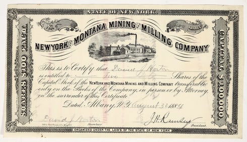 New York and Montana Mining & Milling Company Stock Certificate, 1884 [203561]