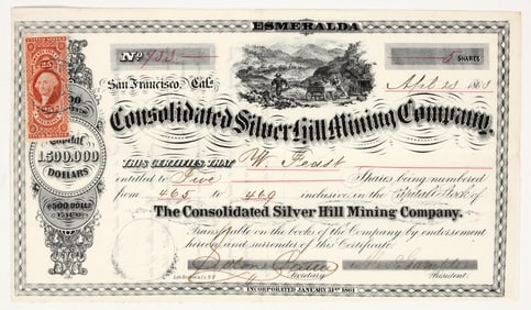 Consolidated Silver Hill Mining Company Stock Certificate, 1863 [195353]