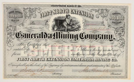 First North Extension Esmeralda Mining Co. Stock Certificate, Aurora, 1861 [205379]