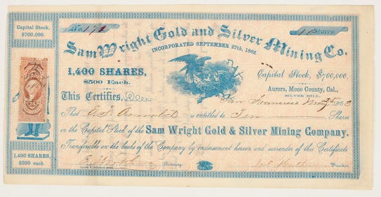 Sam Wright Gold & Silver Mining Co. Stock Certificate, Aurora, 1863 [205005]