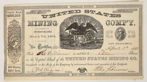 United States Mining Company Stock Certificate, Aurora, 1863 [205363]