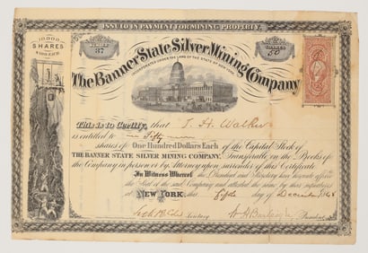 Banner State Silver Mining Company Stock Certificate, Austin, Nevada, 1868 [205020]