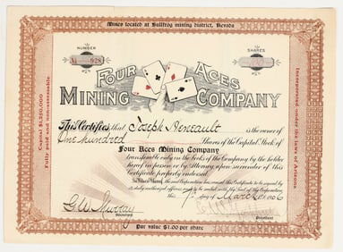 Four Aces Mining Company Stock Certificate, 1906 [200792]