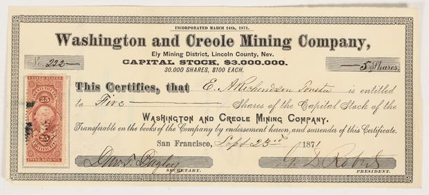 Washington & Creole Mining Co. Stock, Bullionville, NV, 1871--Site of Armed Mine Takeover! [204539]