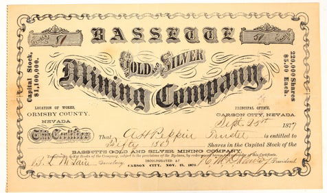 Bassette Gold & Silver Mining Company Stock Certificate, Carson City, NV, 1877 [195494]