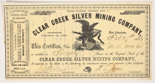 Clear Creek Silver Mining Co. Stock Certificate, Nevada Territory, 1863 [203942]