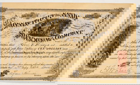 Connecticut & Nevada Silver Mining Co. Stock Certificate, Averill, Nevada, 1865 [195914]