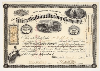 Utica Bullion Mining Company Stock Certificate, Churchill County, Nevada 1866 [195894]