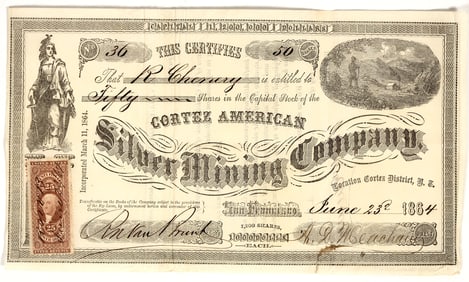 Cortez American Silver Mining Co. Stock Certificate, Nevada Territory, 1864 [195355]