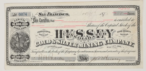 Hussey Consolidated Gold & Silver Mining Co. Stock Certificate (GT Brown Lith) [204911]