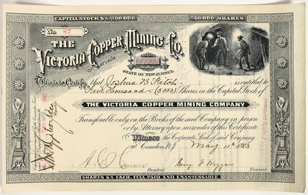 Victoria Copper Mining Company of Nevada Stock Certificate, 1883 [204767]