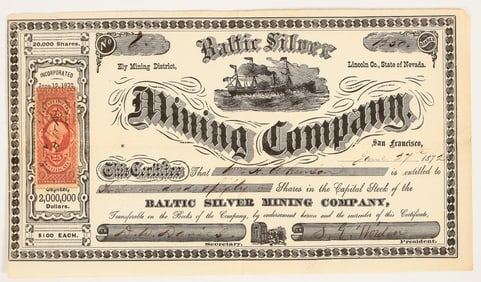 Baltic Silver Mining Company Stock Certificate, Ely Mining District, Nevada, 1872 [205366]