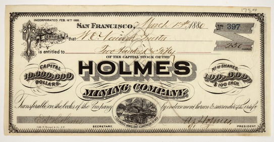 Holmes Mining Company Stock Certificate, Columbus Mining District, 1880 [204904]