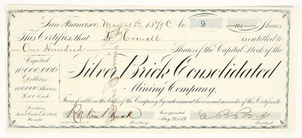 Silver Brick Consolidated Mining Company Stock Certificate, 1879 [202730]