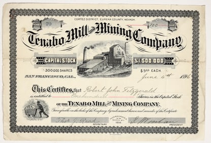 Tenabo Mill & Mining Co. Stock Certificate Signed by S. Wenban, 1896 [195370]