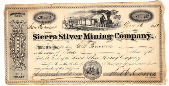 Sierra Silver Mining Co. Stock Certificate, 1861, Genoa, Nevada Territory [195873]