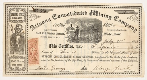 Altoona Consolidated Mining Company Stock Certificate, Nevada Territory, 1863 [204538]