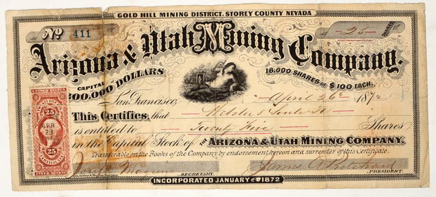 Arizona & Utah Mining Company Stock Certificate, Gold Hill, Nevada 1872 [195905]