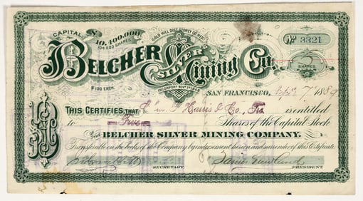 Belcher Silver Mining Company Stock Certificate, 1889 [203921]
