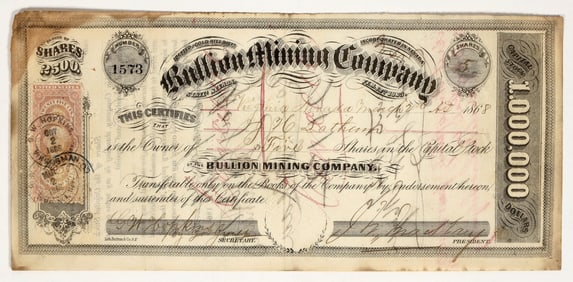 Bullion Mining Company Stock Certificate Signed by John W. Mackay, 1868 [195880]
