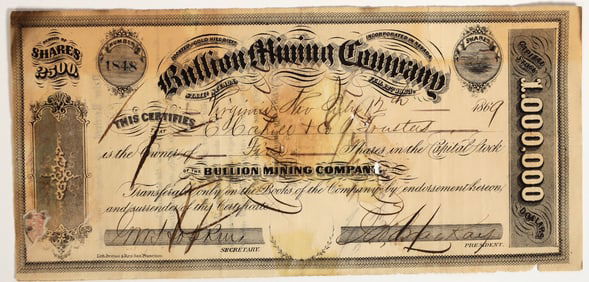 Bullion Mining Company Stock Certificate Signed by John W. Mackay, 1869 [204766]