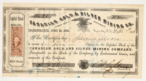 Canadian Gold & Silver Mining Co. Stock Certificate, Gold Hill, Nevada Territory [195891]