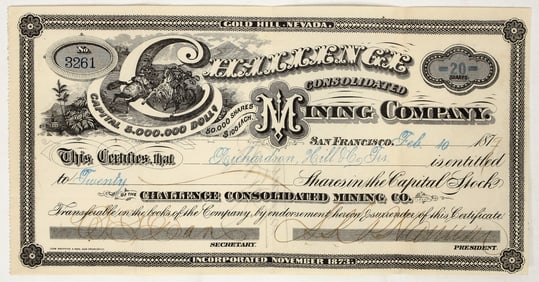 Challenge Consolidated Mining Company Stock Certificate, Gold Hill, NV 1879 [195904]