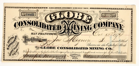 Globe Consolidated Mining Company Stock Certificate, American Flat [204627]