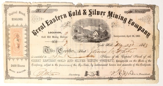 Great Eastern Gold & Silver Mining Co. Stock Certificate, Gold Hill, Nevada Territory, #1 [195359]