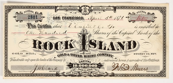 Rock Island Gold & Silver Mining Company Stock Certificate, 1876 (GT Brown Lith.) [204142]