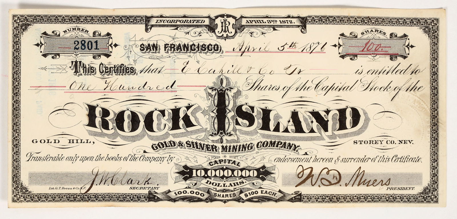 Rock Island Gold & Silver Mining Company Stock Certificate, 1876 (GT Brown Lith.) [204142]: Very rare. "Gold Hill, Storey Co. Nev." printed under title. Inc. April 1872. No. 2801, issued for 100 shares to E. Cahill & Co. in SF in 1876. Signed by president WD Myers and secretary JW Clark. Not