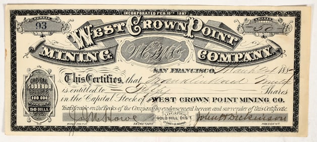 West Crown Point Mining Company Stock Certificate, 1887 [201652]