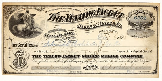 Yellow Jacket Silver Mining Company Stock Certificate, 1878 [201096]