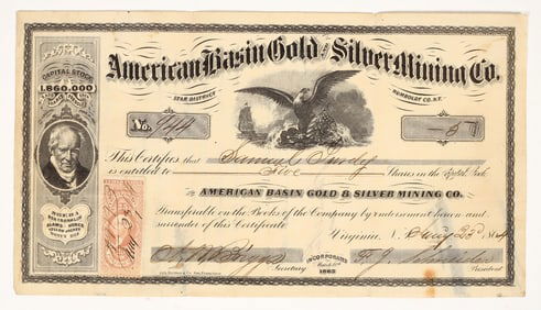 American Basin Gold & Silver Mining Co. Stock Signed by Comstock's First Druggist, 1864 [204156]