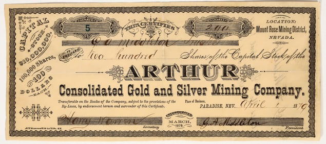 Arthur Consolidated Gold & Silver Mining Co. Stock Certificate, 1879 [195875]