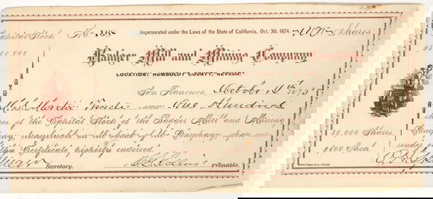 Badger Mill & Mining Company Stock Certificate, Humboldt County, Nevada 1875 [195860]