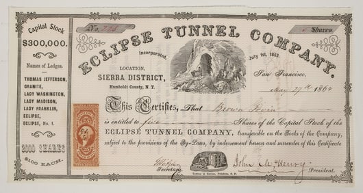 Eclipse Tunnel Company Stock Certificate, Humboldt County, Nevada Territory, 1864 [205367]