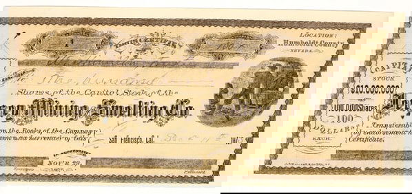 Jersey Mining & Smelting Co. Stock Certificate #1, Humboldt County, NV 1875 [203584]