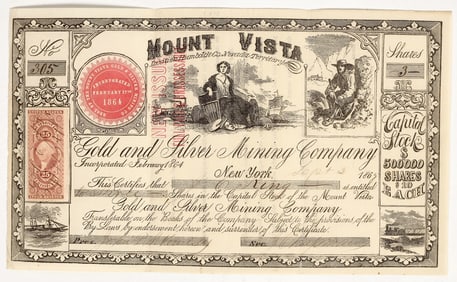 Mount Vista Gold & Silver Mining Company Stock Certificate, Unionville, 1865 [200809]