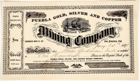 Puebla Gold, Silver, & Copper Mining Co. Stock Certificate, 1878 [204510]
