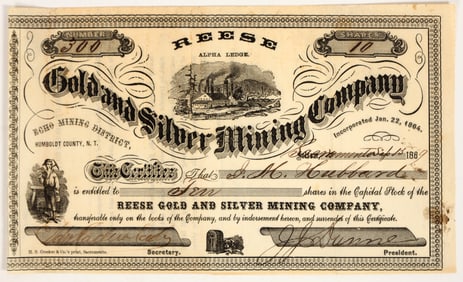 Reese Gold & Silver Mining Company Stock Certificate, 1869 [205205]