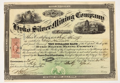 Hyko Silver Mining Company Stock Certificate, 1870 [204624]