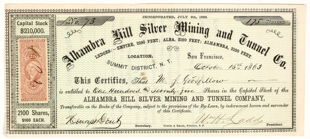 Alhambra Hill Silver Mining & Tunnel Co. Stock Certificate, Nevada Territory, 1863 [195871]