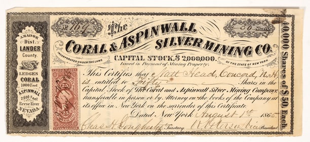 Coral & Aspinwall Silver Mining Company Stock Certificate, 1865 [203939]