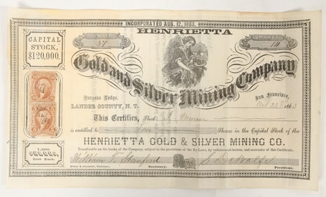 Henrietta Gold & Silver Mining Co. Stock Certificate, Lander County, Nevada Territory [197930]
