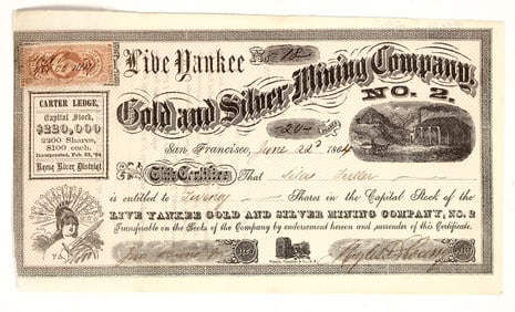 Live Yankee Gold & Silver Mining Company No. 2 Stock Certificate, 1864 [201756]
