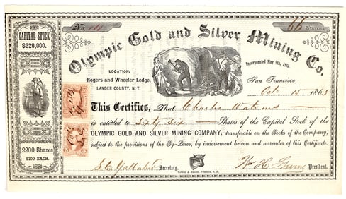 Olympic Gold and Silver Mining Co. Territorial Stock Certificate [200264]
