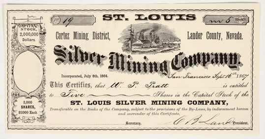 St. Louis Silver Mining Company Stock Certificate, Cortez MD, Lander Co., NV, 1867 [204168]