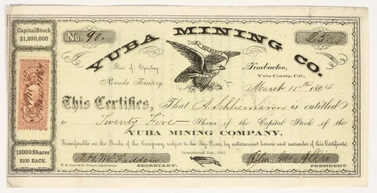 Yuba Mining Co. Stock Certificate, Lander County, Nevada Territory [203534]