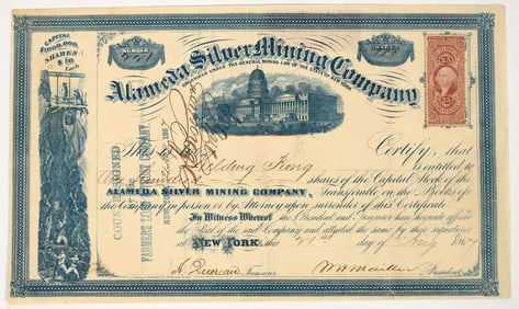 Alameda Silver Mining Company Stock Certificate, Crescent City, Nevada, 1867 [204907]